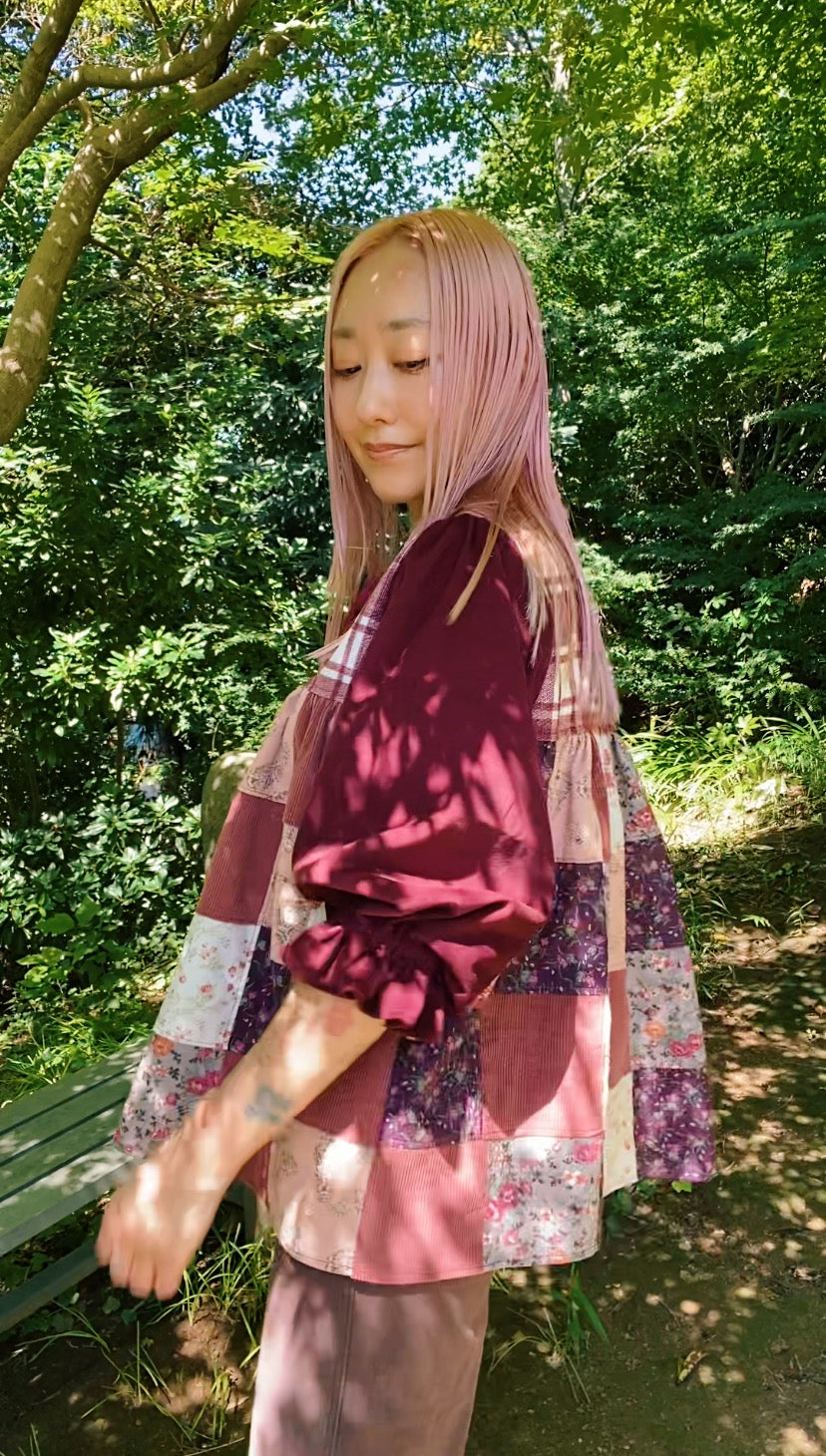 Front tie patchwork blouse with candy sleeves