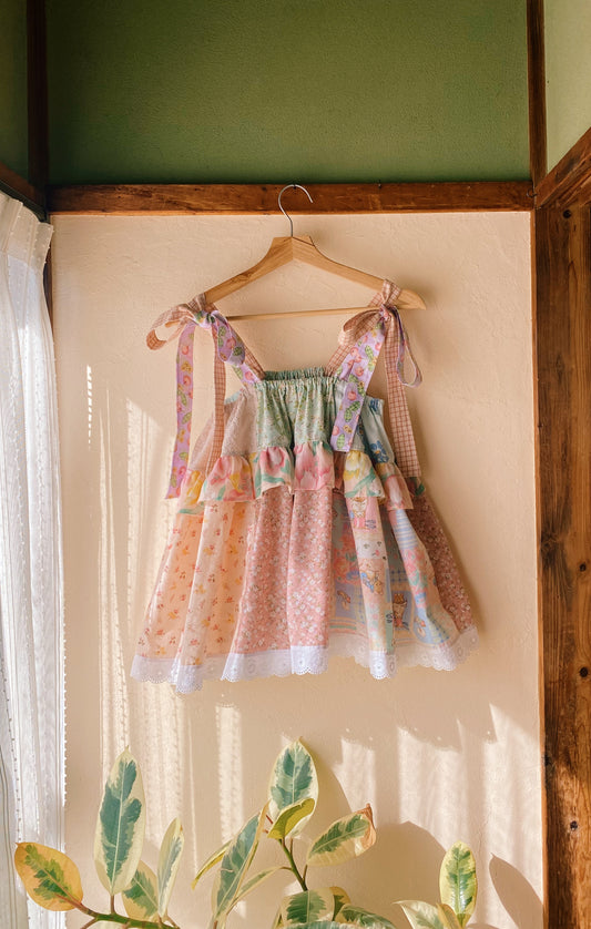 Patchwork fluffy double ruffle top