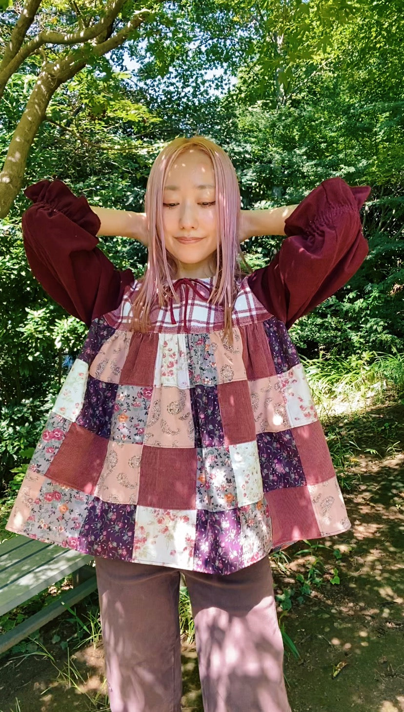 Front tie patchwork blouse with candy sleeves