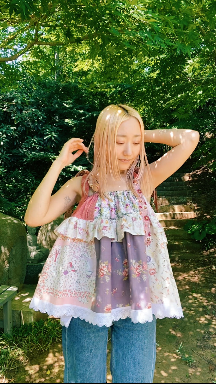Patchwork fluffy double ruffle top