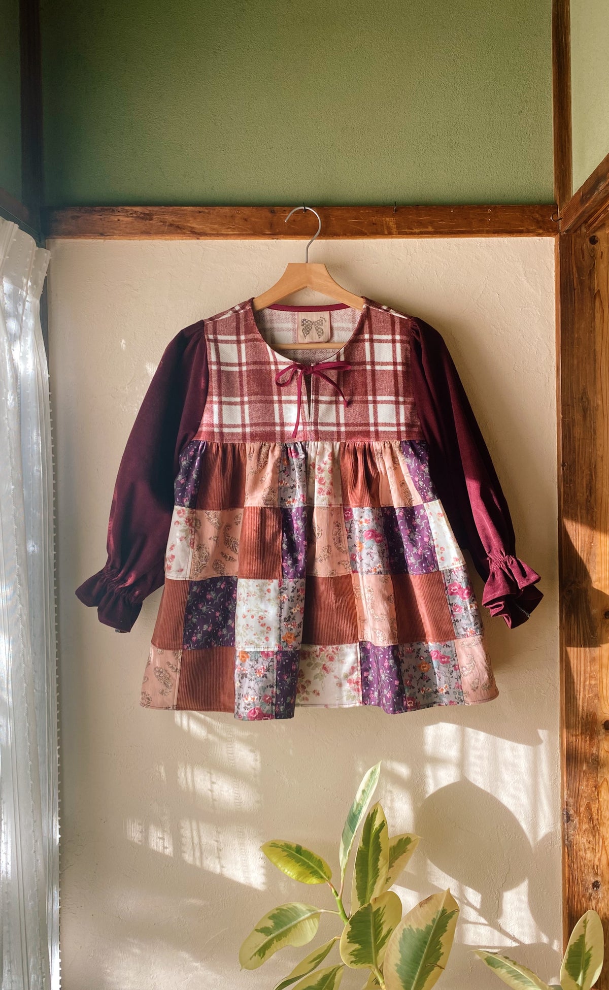 Front tie patchwork blouse with candy sleeves