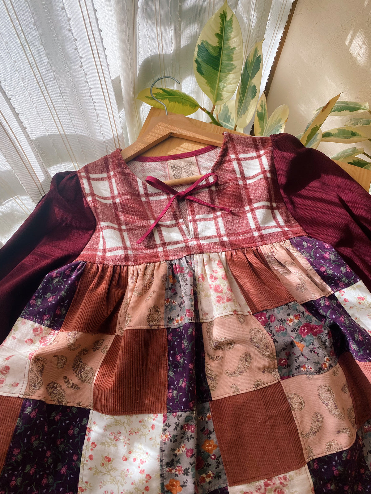 Front tie patchwork blouse with candy sleeves