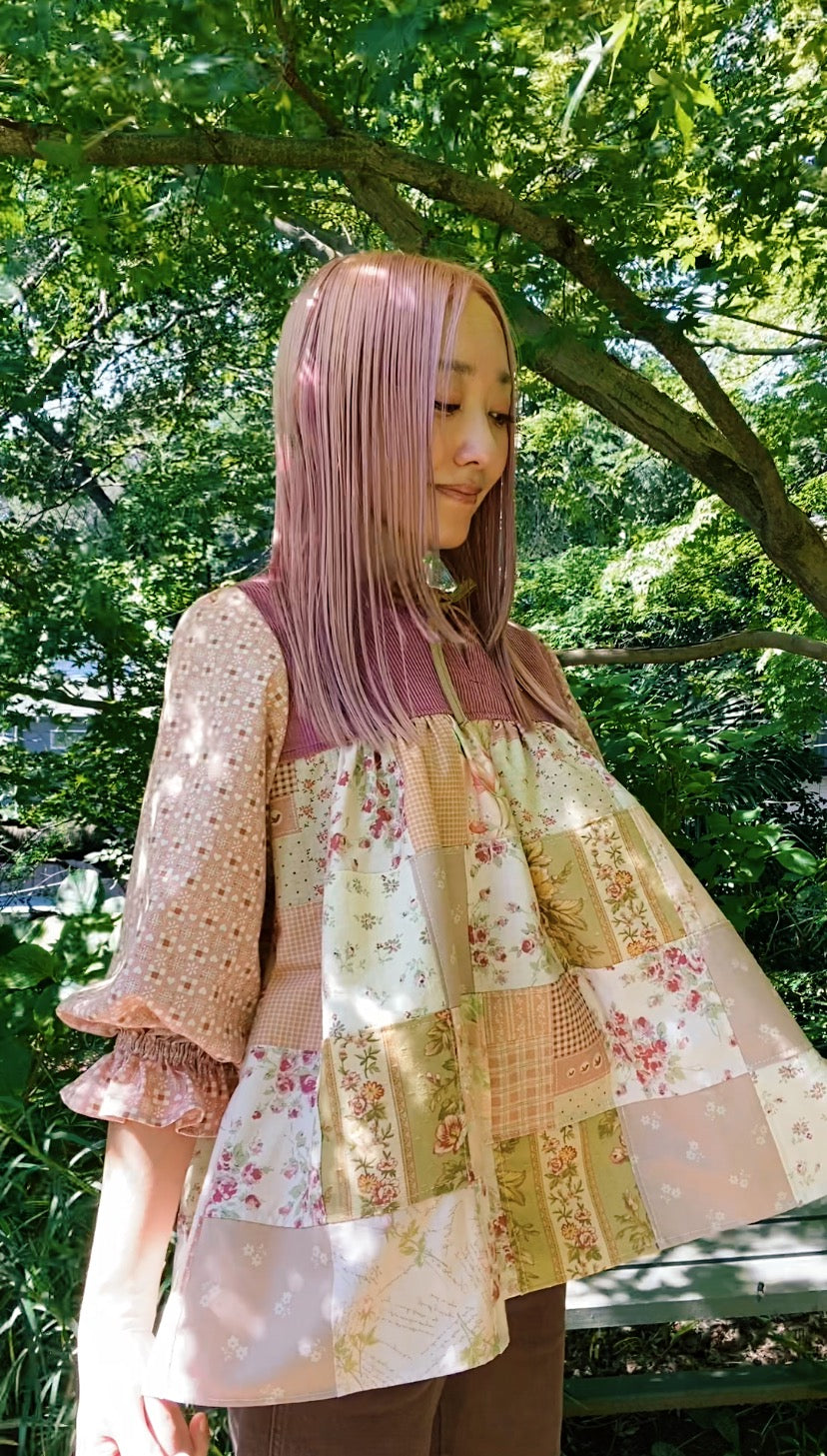 Front tie patchwork blouse with candy sleeves