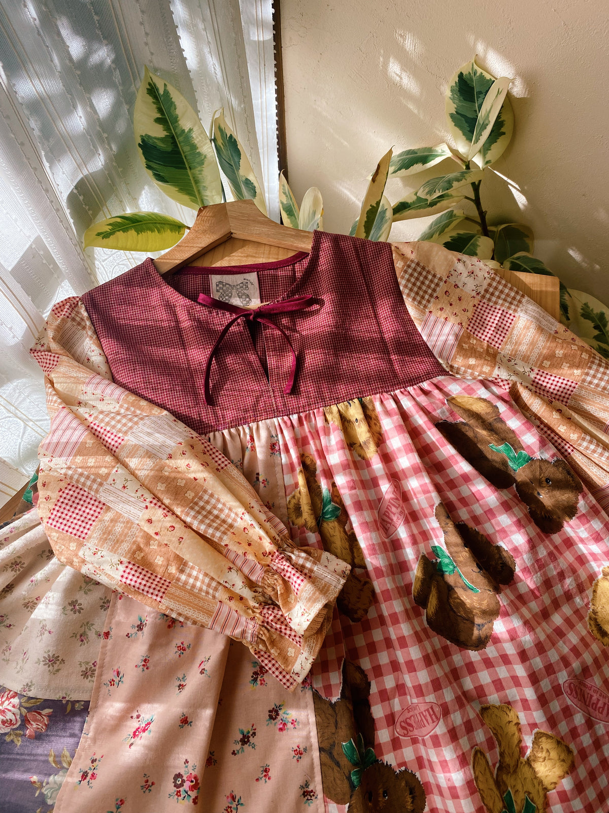 Front tie patchwork blouse with candy sleeves