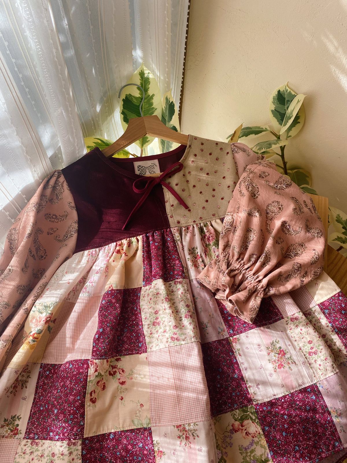 Front tie patchwork blouse with candy sleeves