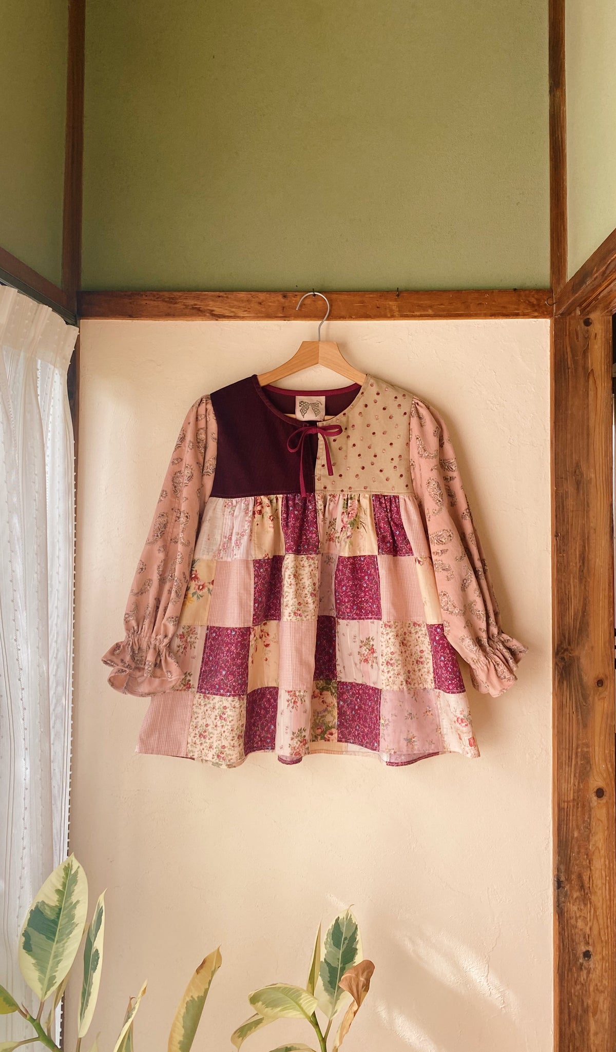 Front tie patchwork blouse with candy sleeves