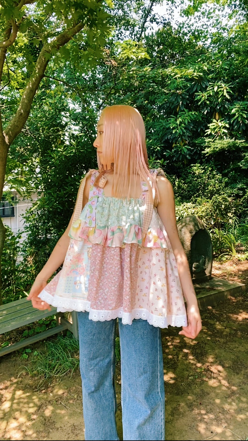 Patchwork fluffy double ruffle top