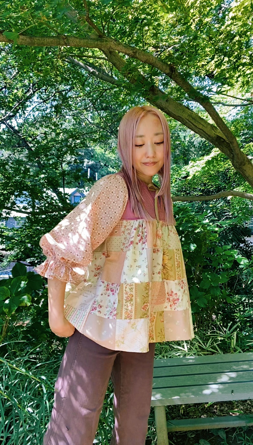 Front tie patchwork blouse with candy sleeves