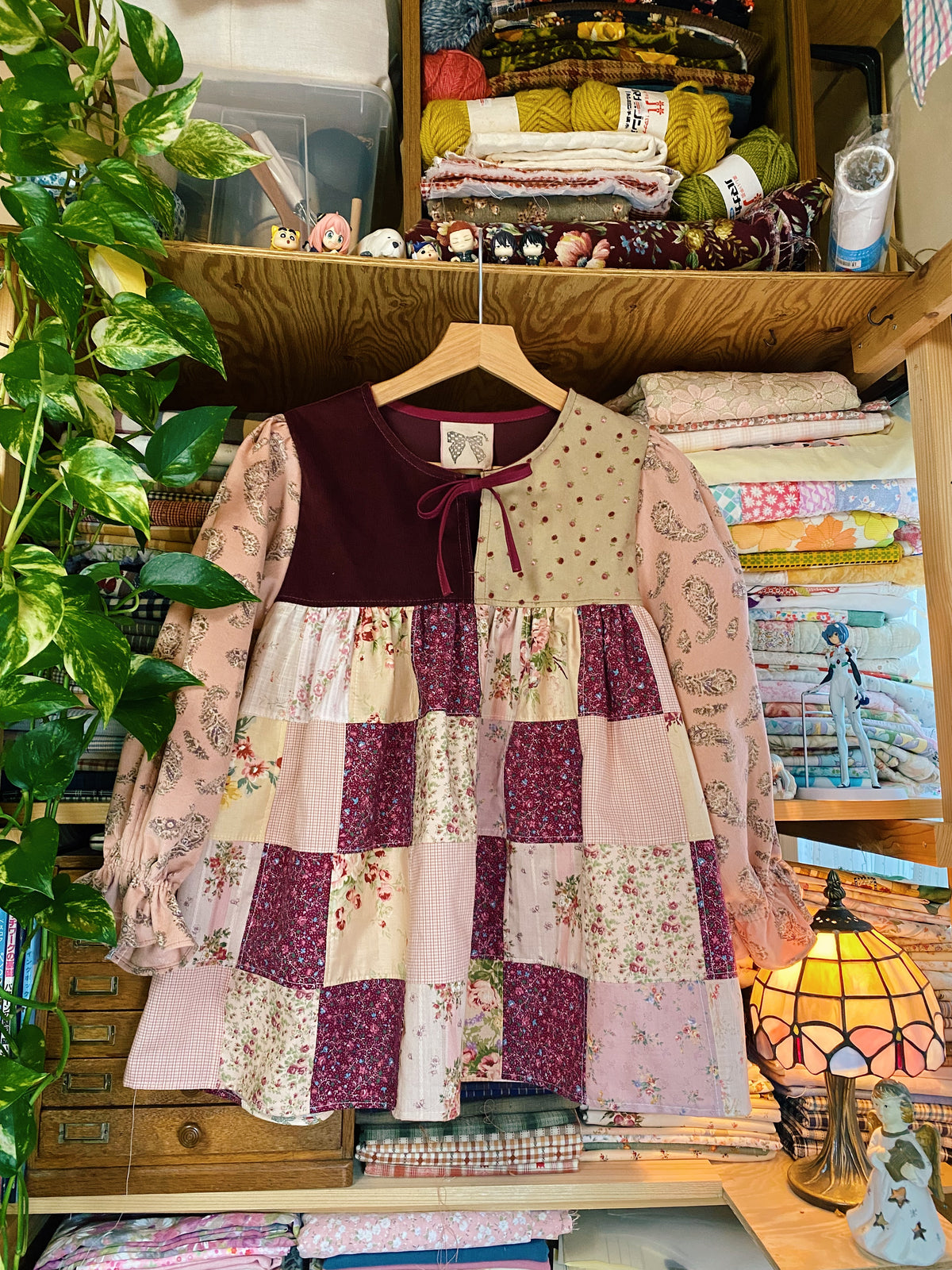 Front tie patchwork blouse with candy sleeves
