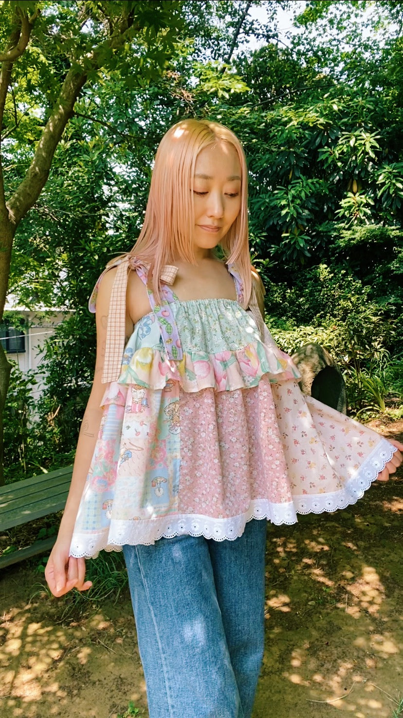 Patchwork fluffy double ruffle top