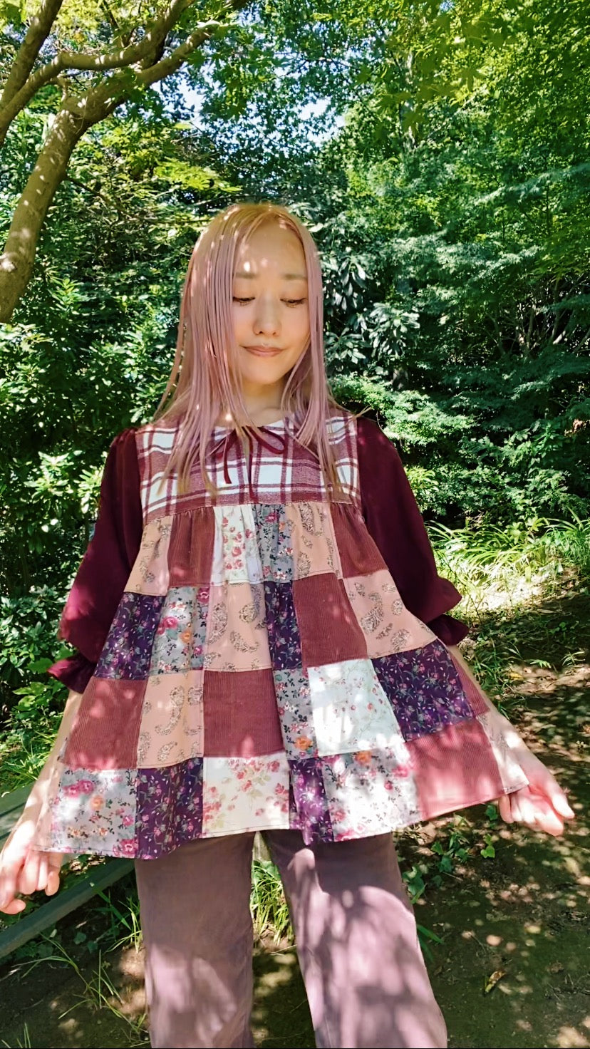 Front tie patchwork blouse with candy sleeves