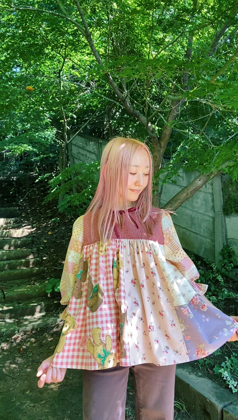 Front tie patchwork blouse with candy sleeves